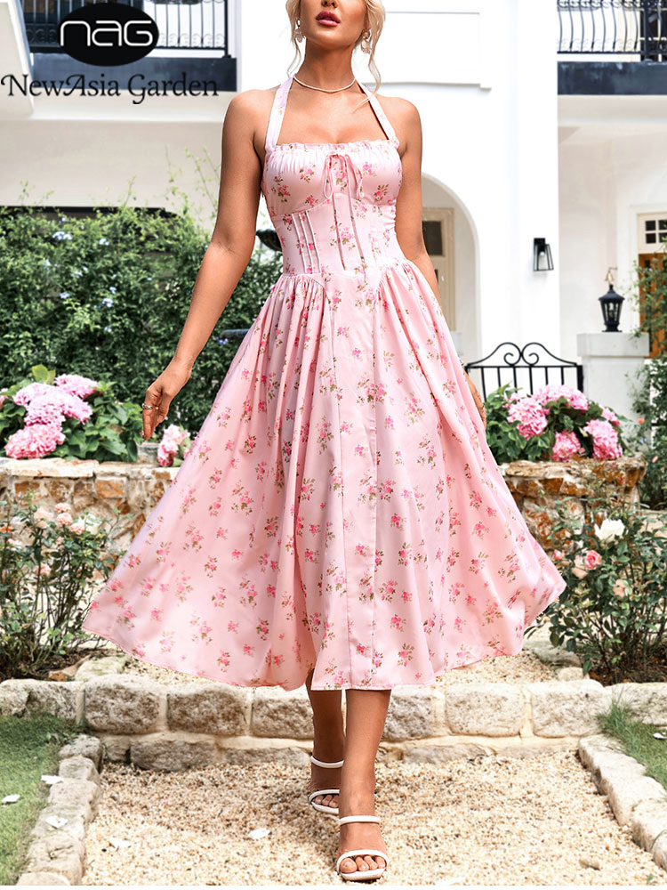 Midi Skirt Floral - NewAsia kadın Halter Backless Baskı Çiçek