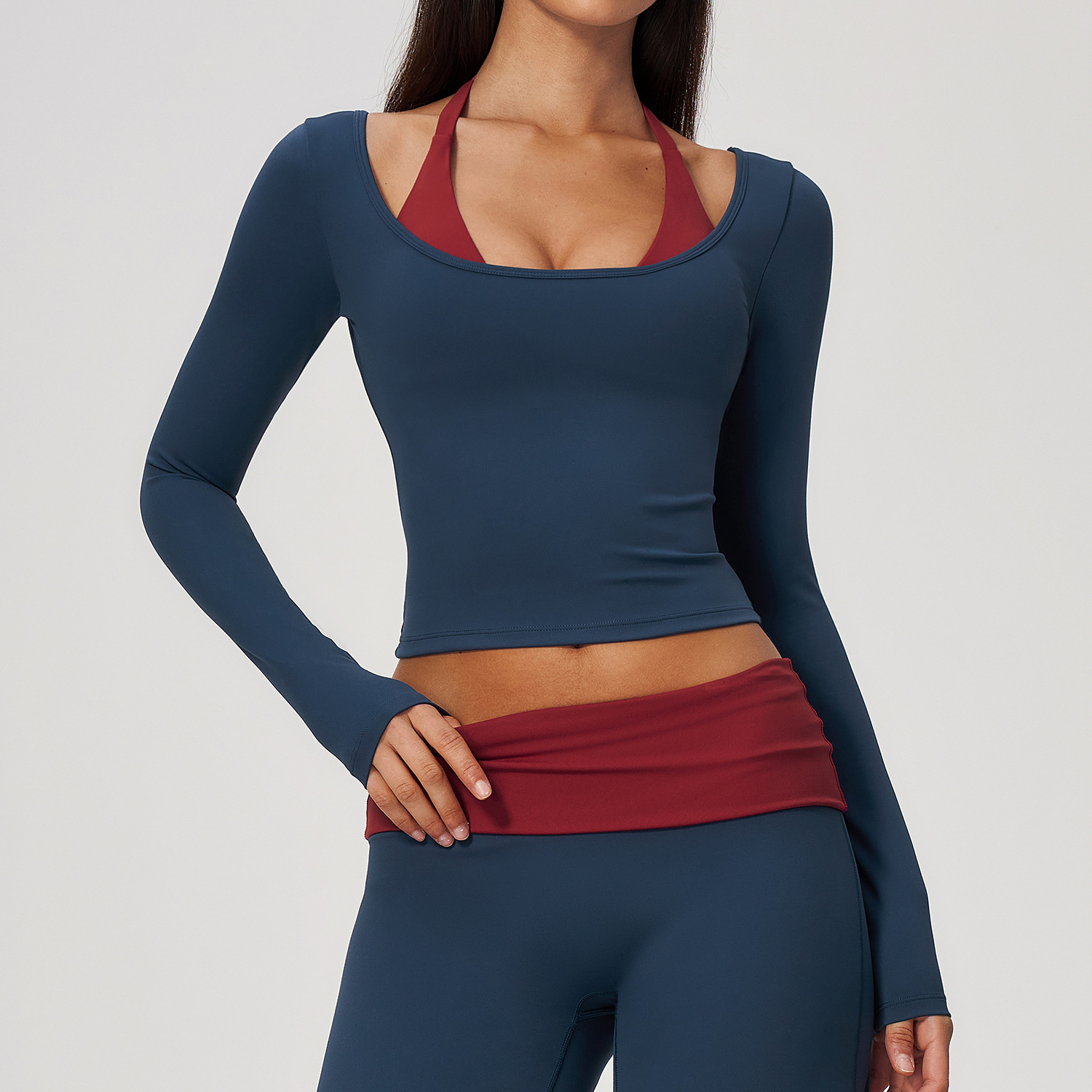 Crop Top Crochet - Halter Yaka Uzun Kollu Yoga Crop